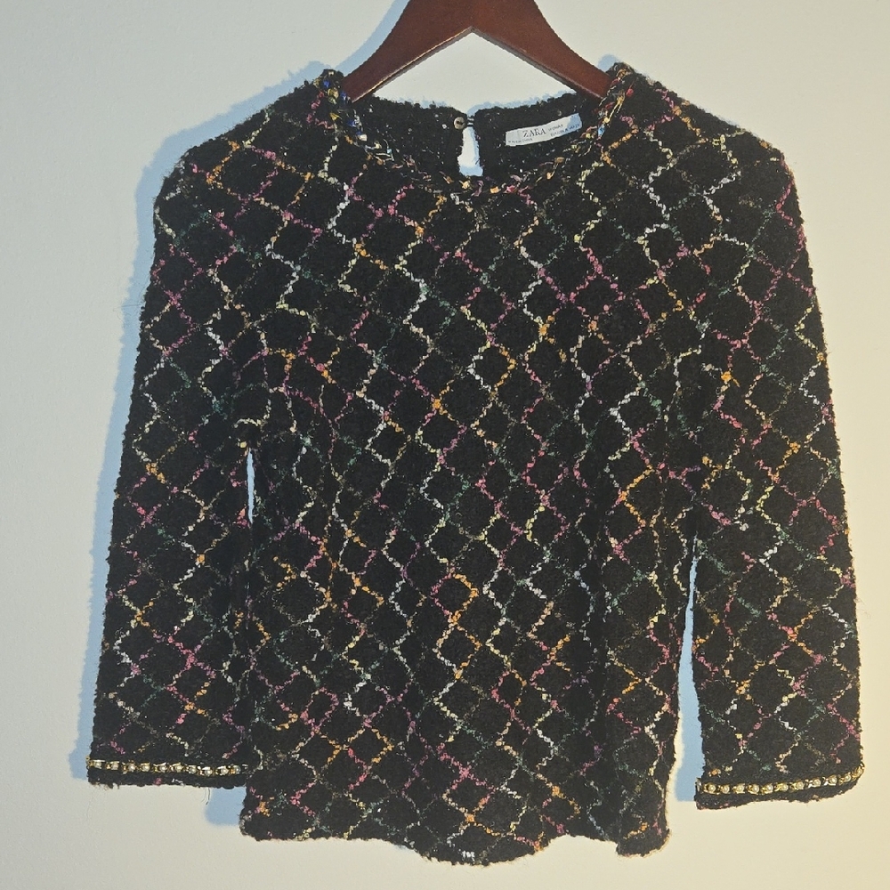 Zara Black Sweater with Multicolor Diamond Pattern and Pearl Cuffs